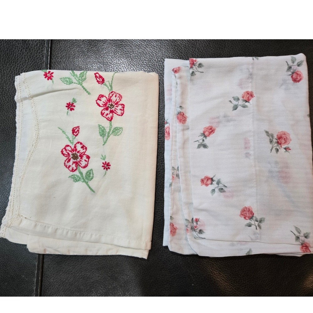 Vintage Pillowcases Mismatched Pair - Red & Pink Flowers
